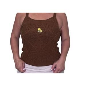 Ally Mae Brown Knit Sweater Tank Top Large Embroidered Daisy Cottagecore Y2K